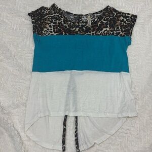 Color‎ Block Top Leopard Print Casual Blouse Short Sleeve Shirt